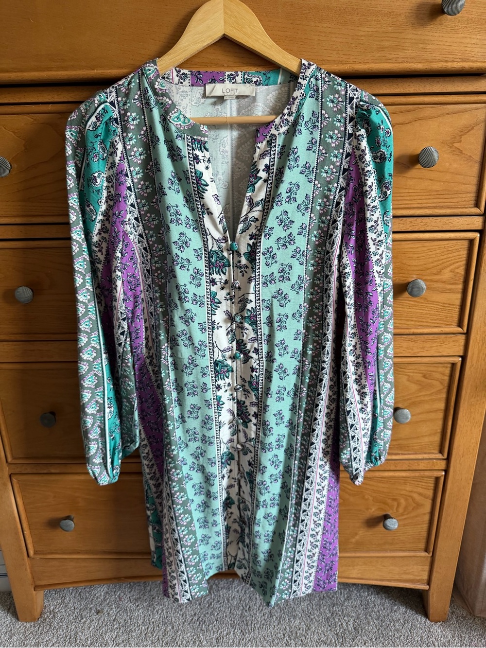 Loft Floral Paisley Patchwork Striped Mini Dress Teal Purple Balloon Sleeve Sz 4